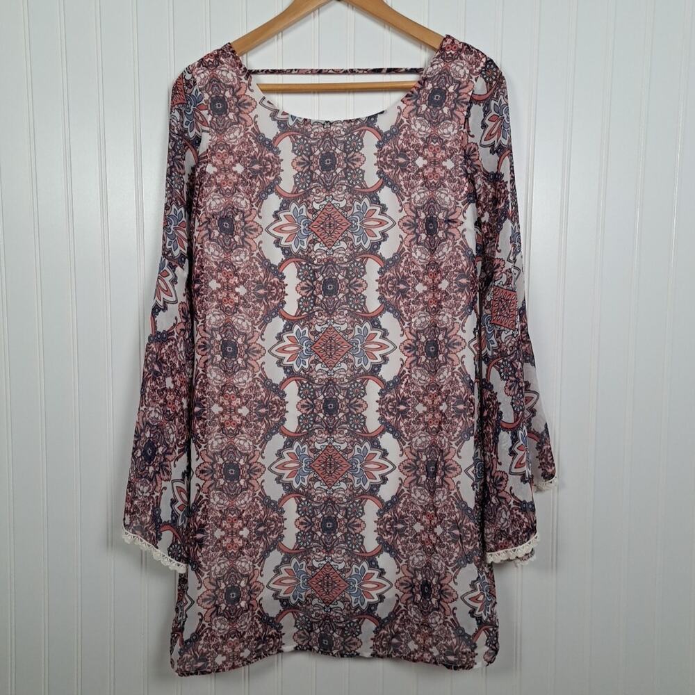 Xhilaration Long Sleeve Mini Dress Womens M Printed Chiffon Shift Boho